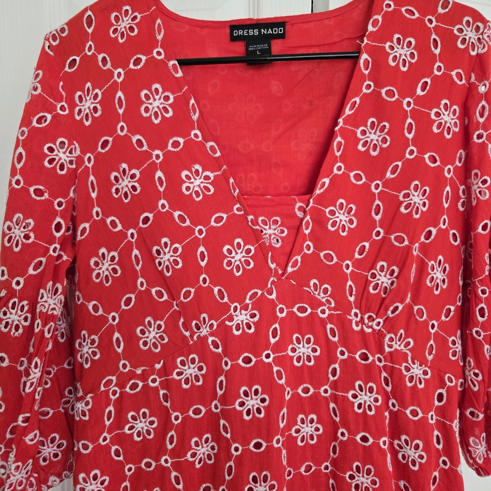 Vibrant Orange Red V-Neck Puff Sleeve Sundress - Picture 6 of 13